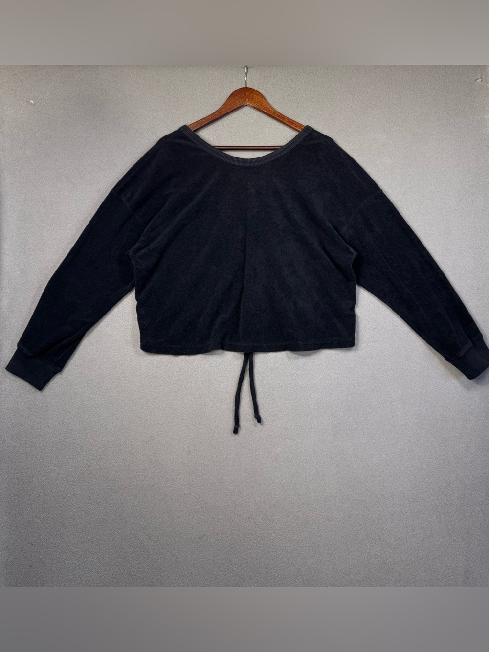 Aerie Black V-Neck Terry Cloth Ruched Front Drawstring Adjustable Sweater Top, M - Picture 3 of 9
